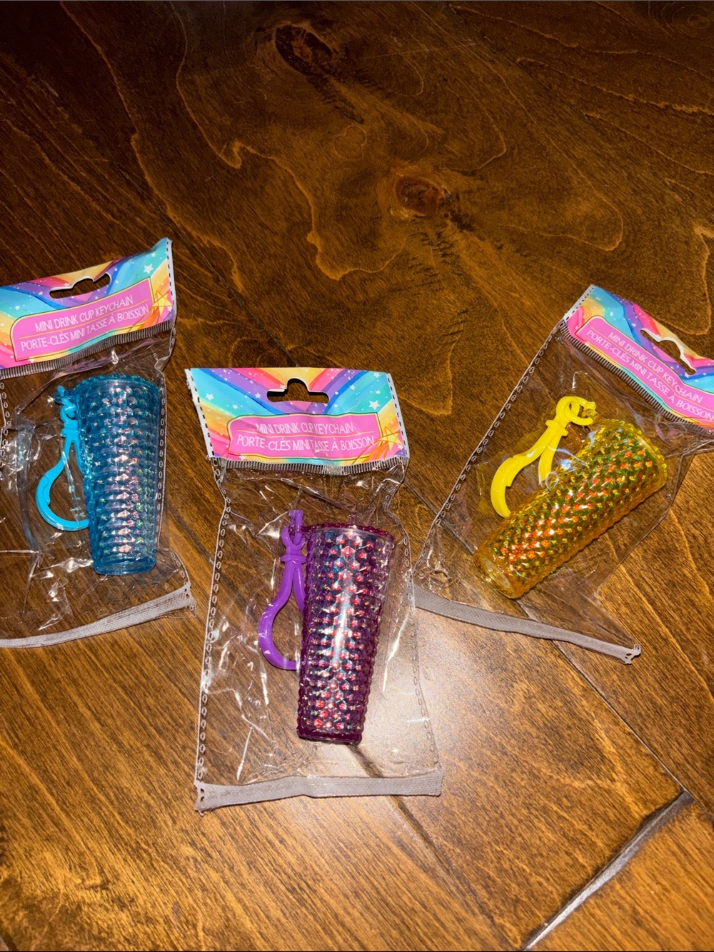 Set of 3 Sparkle Mini Drink Cup Keychain Bag Charm - Blue, Purple, Gold